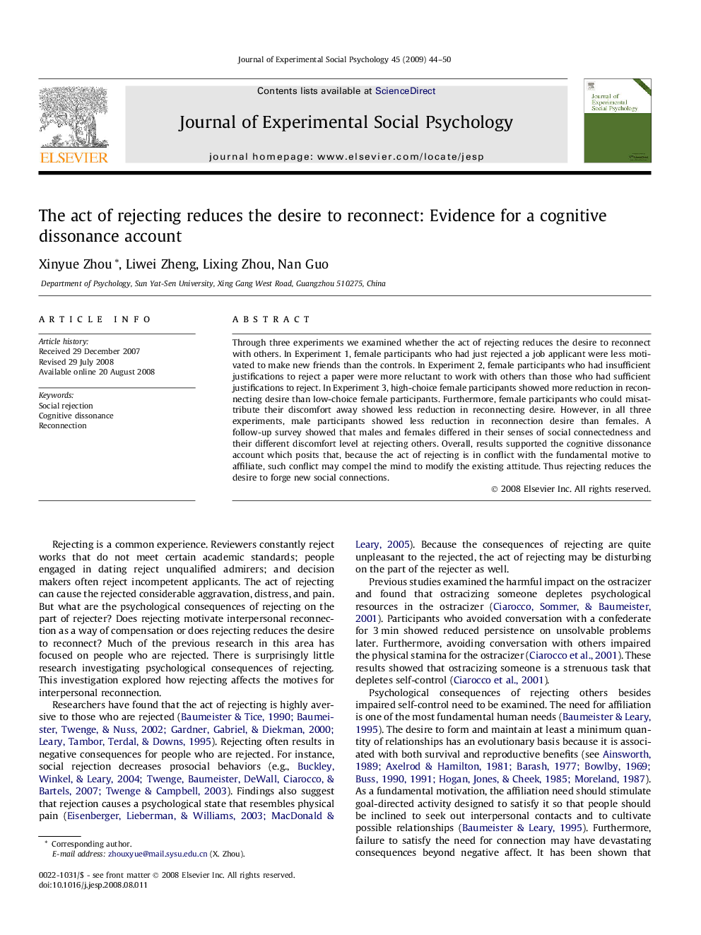 The act of rejecting reduces the desire to reconnect: Evidence for a cognitive dissonance account