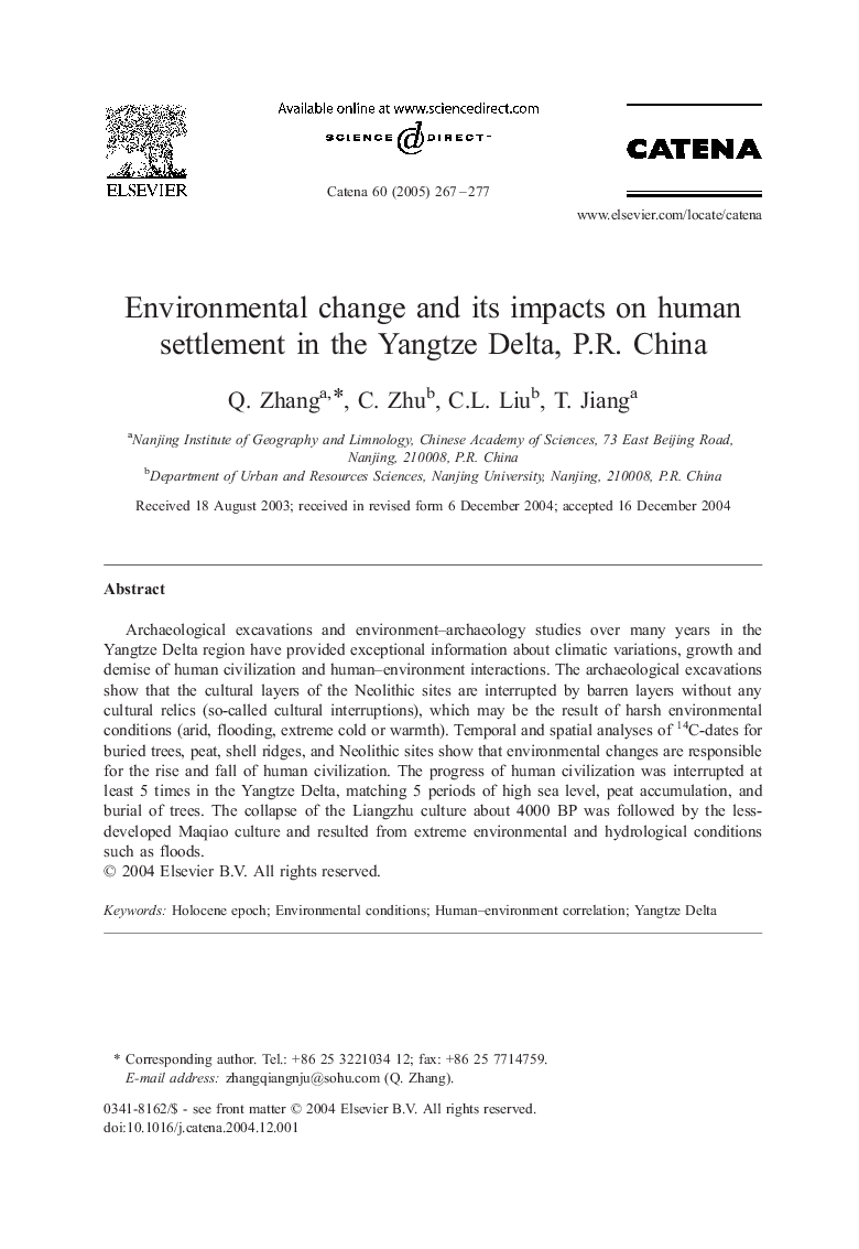 Environmental change and its impacts on human settlement in the Yangtze Delta, P.R. China