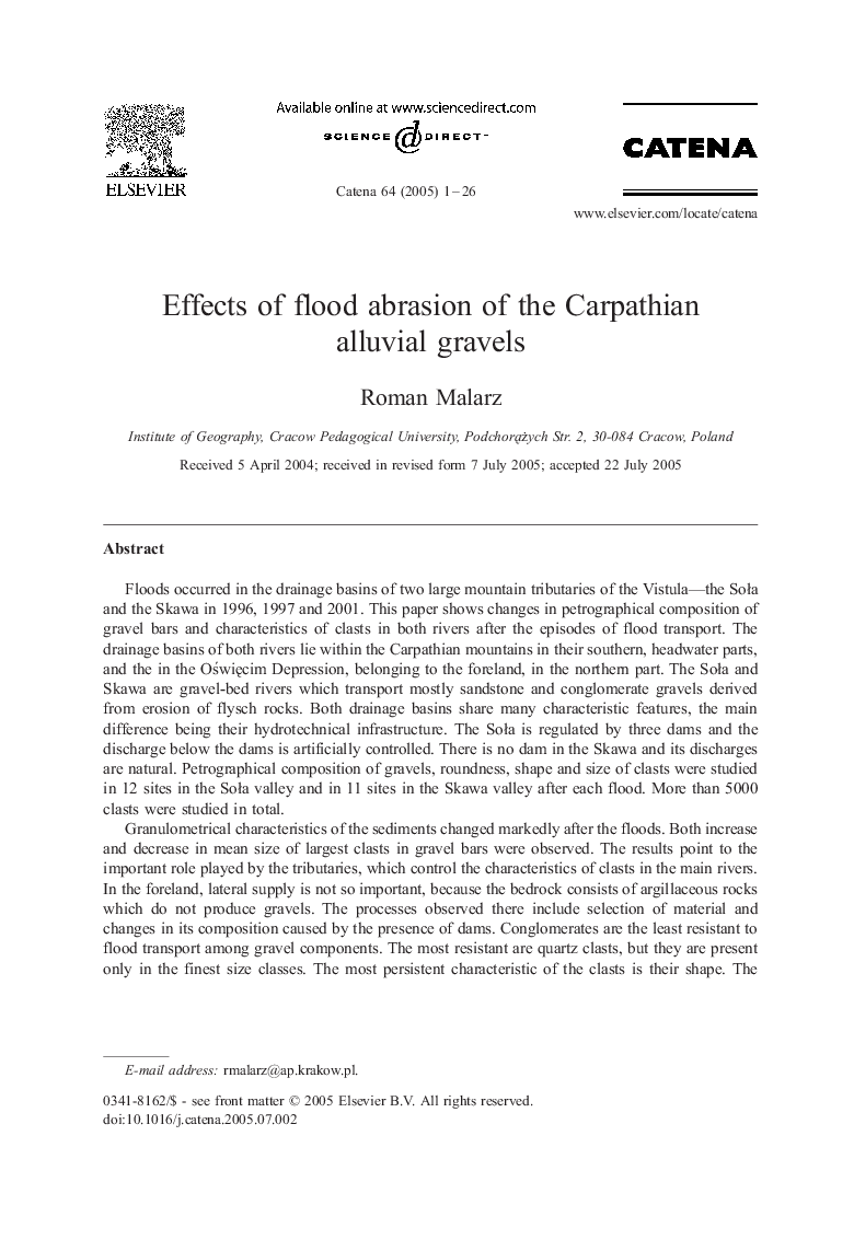 Effects of flood abrasion of the Carpathian alluvial gravels