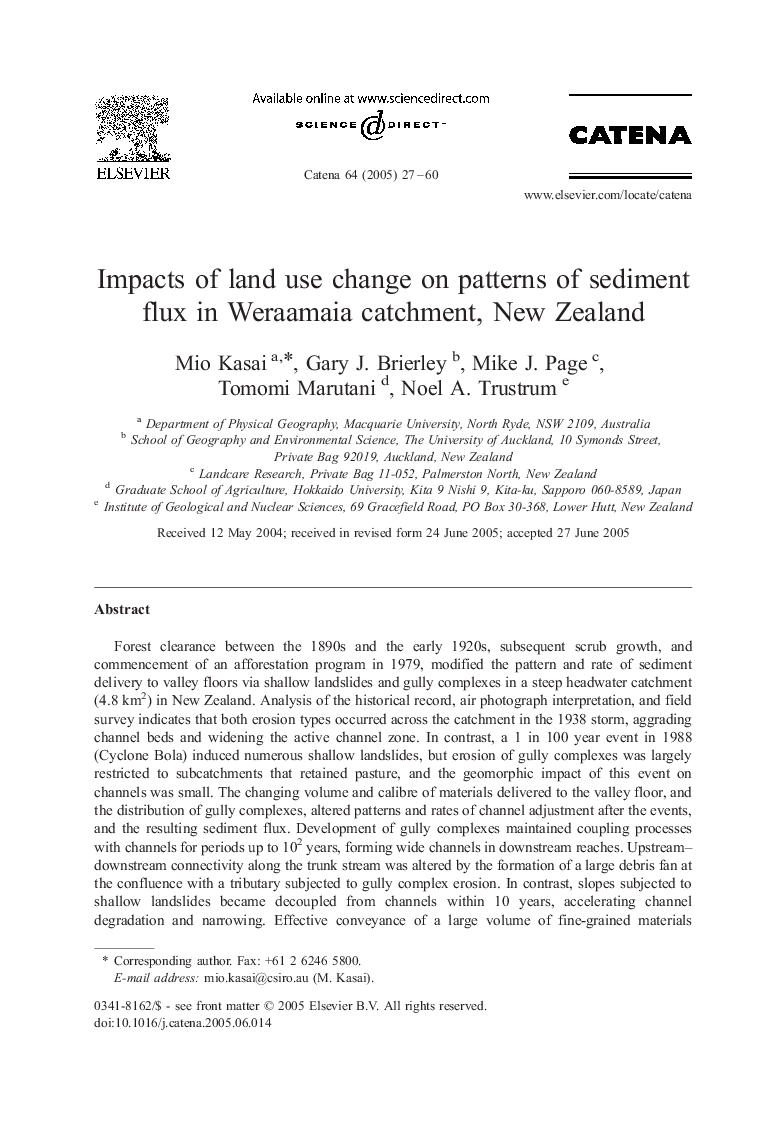 Impacts of land use change on patterns of sediment flux in Weraamaia catchment, New Zealand