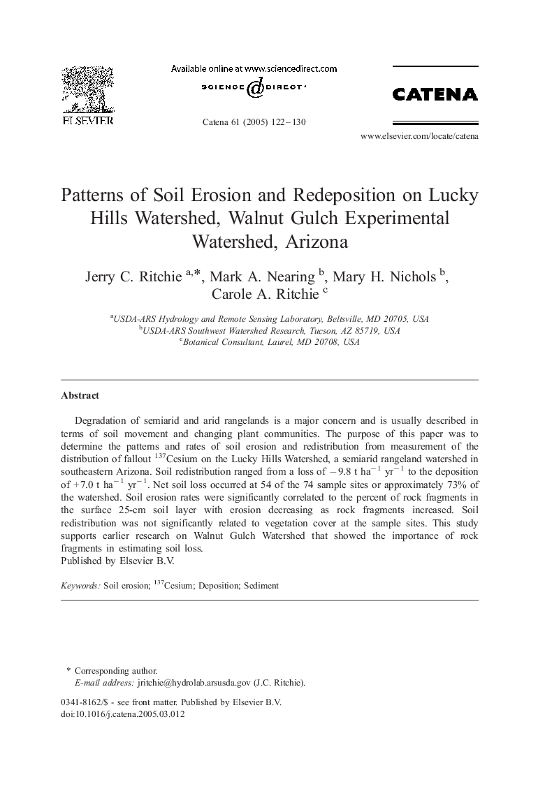 Patterns of Soil Erosion and Redeposition on Lucky Hills Watershed, Walnut Gulch Experimental Watershed, Arizona