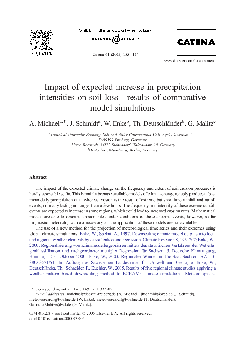 Impact of expected increase in precipitation intensities on soil loss-results of comparative model simulations