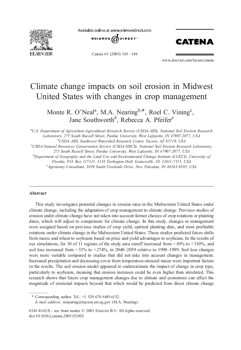 Climate change impacts on soil erosion in Midwest United States with changes in crop management