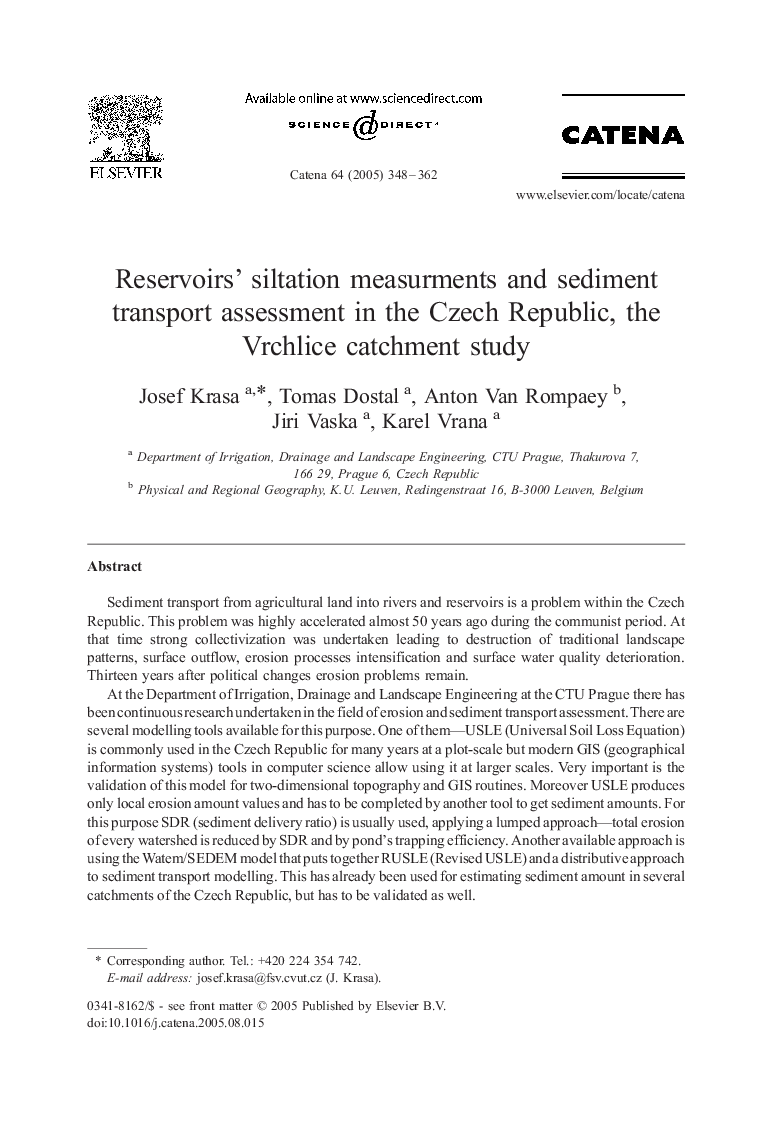 Reservoirs' siltation measurments and sediment transport assessment in the Czech Republic, the Vrchlice catchment study