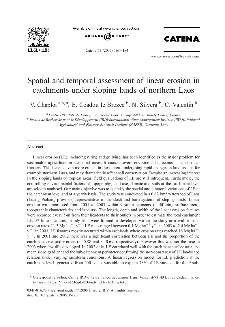 Spatial and temporal assessment of linear erosion in catchments under sloping lands of northern Laos