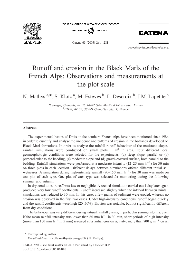 Runoff and erosion in the Black Marls of the French Alps: Observations and measurements at the plot scale