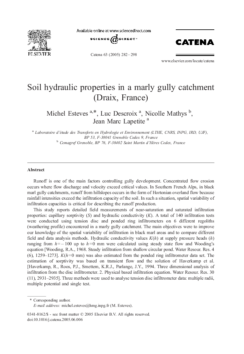 Soil hydraulic properties in a marly gully catchment (Draix, France)