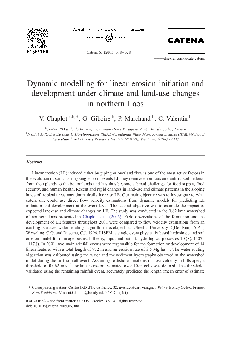 Dynamic modelling for linear erosion initiation and development under climate and land-use changes in northern Laos