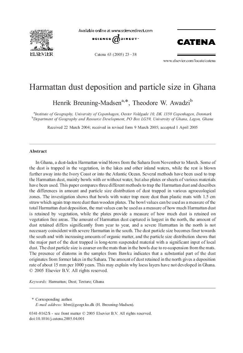 Harmattan dust deposition and particle size in Ghana