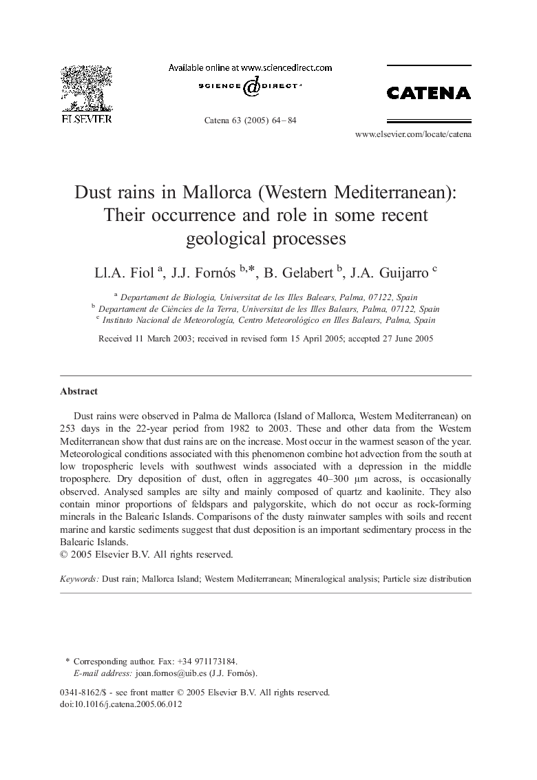 Dust rains in Mallorca (Western Mediterranean): Their occurrence and role in some recent geological processes