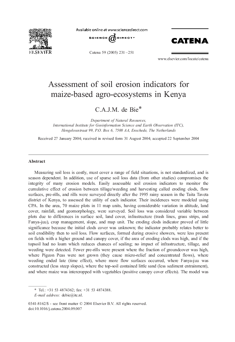 Assessment of soil erosion indicators for maize-based agro-ecosystems in Kenya