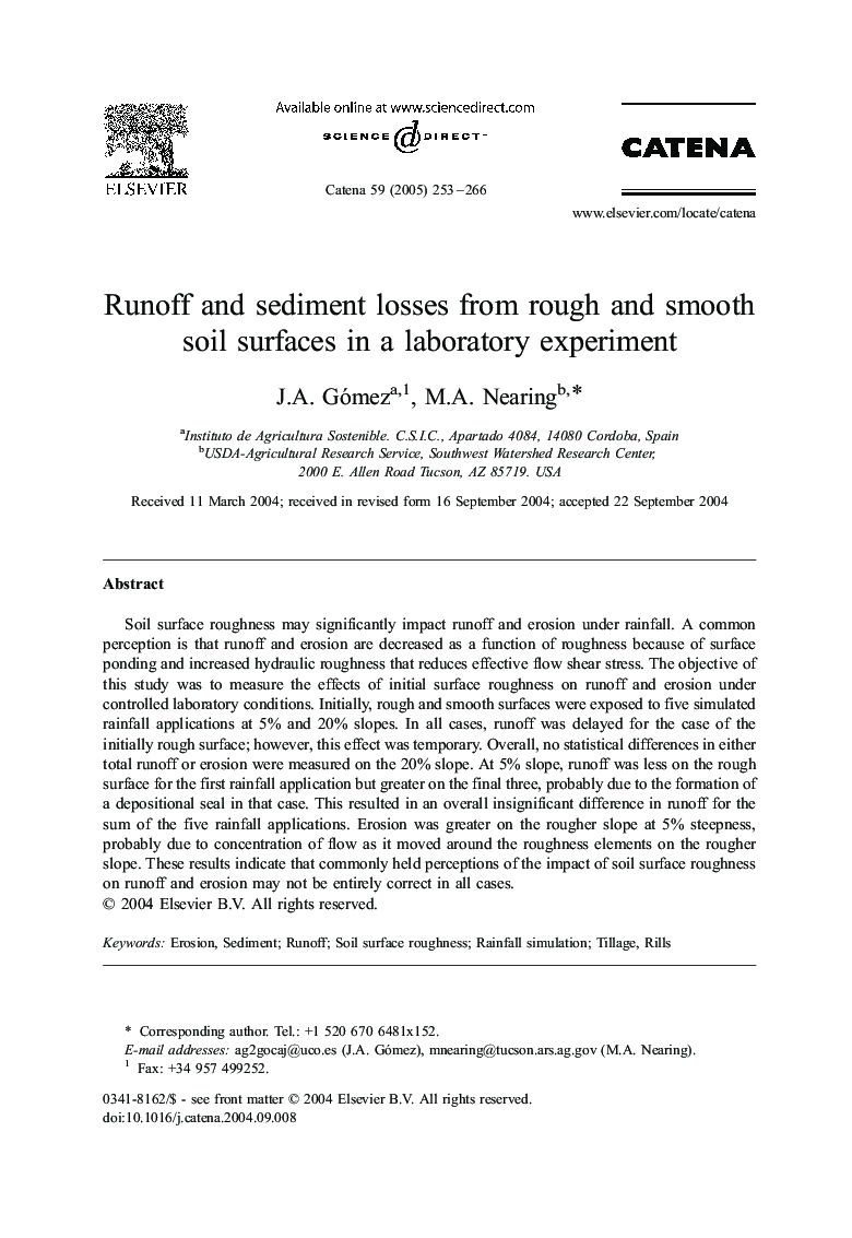 Runoff and sediment losses from rough and smooth soil surfaces in a laboratory experiment