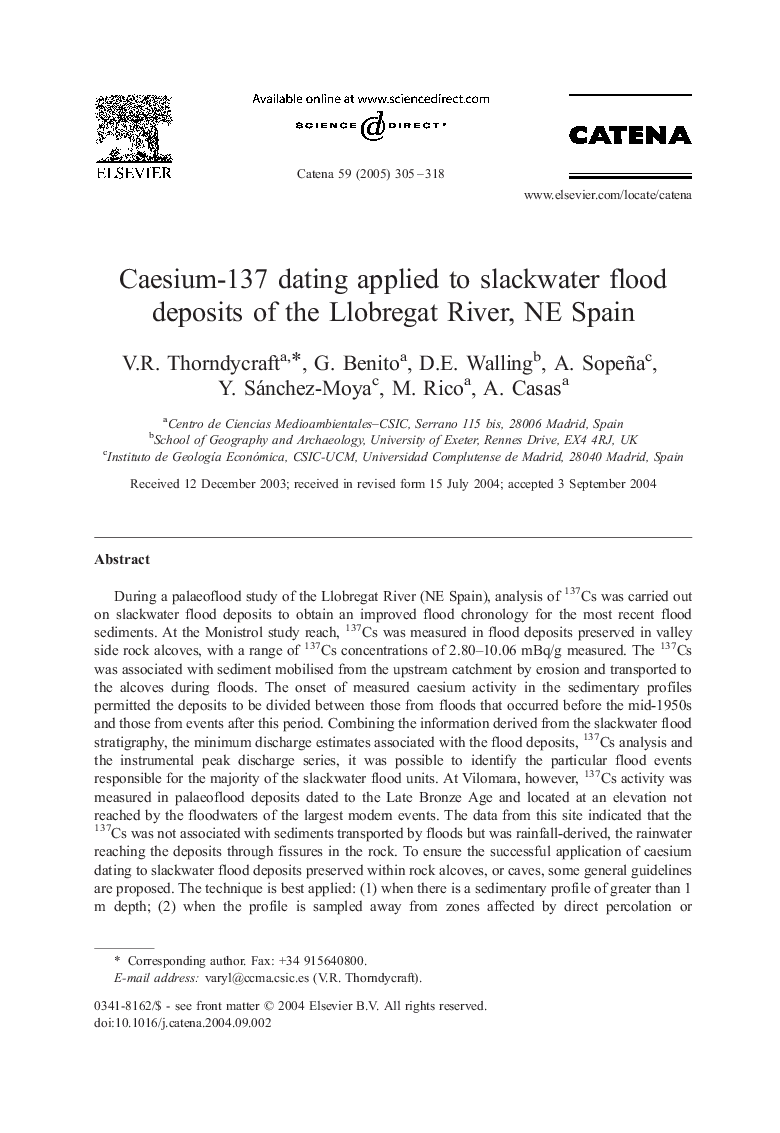 Caesium-137 dating applied to slackwater flood deposits of the Llobregat River, NE Spain