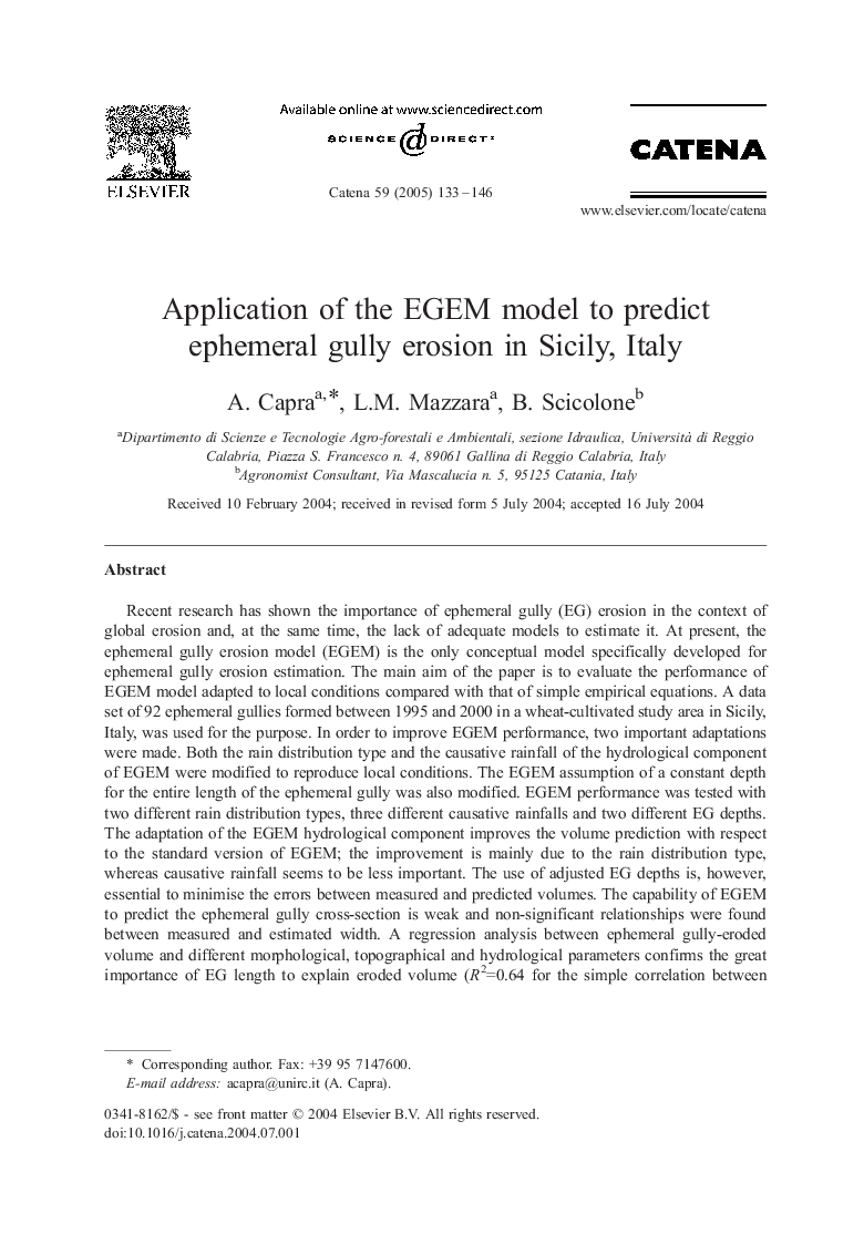 Application of the EGEM model to predict ephemeral gully erosion in Sicily, Italy