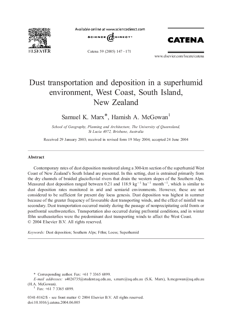 Dust transportation and deposition in a superhumid environment, West Coast, South Island, New Zealand