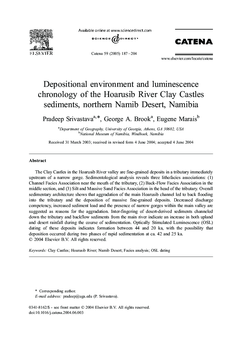Depositional environment and luminescence chronology of the Hoarusib River Clay Castles sediments, northern Namib Desert, Namibia