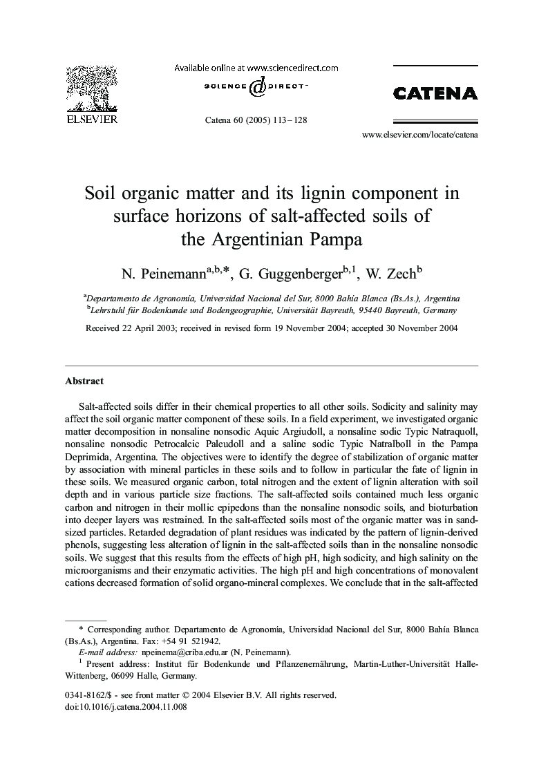 Soil organic matter and its lignin component in surface horizons of salt-affected soils of the Argentinian Pampa