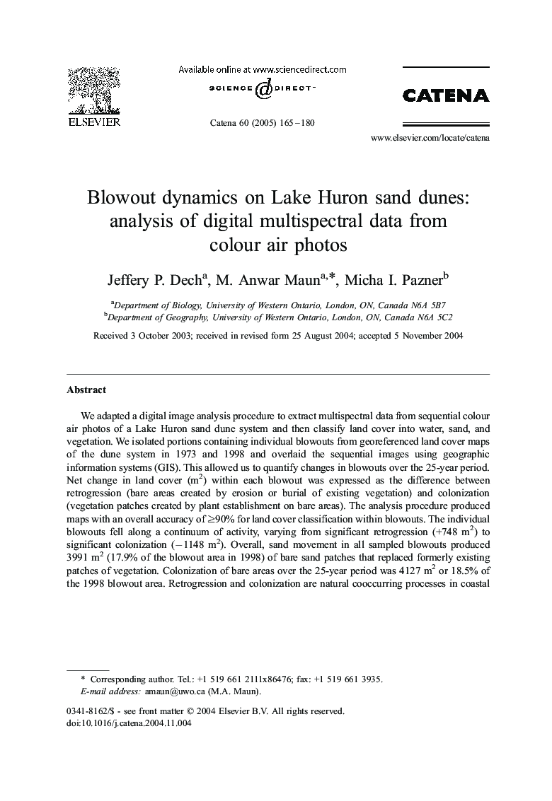 Blowout dynamics on Lake Huron sand dunes: analysis of digital multispectral data from colour air photos