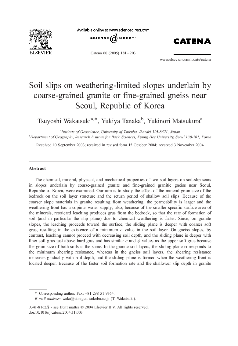 Soil slips on weathering-limited slopes underlain by coarse-grained granite or fine-grained gneiss near Seoul, Republic of Korea