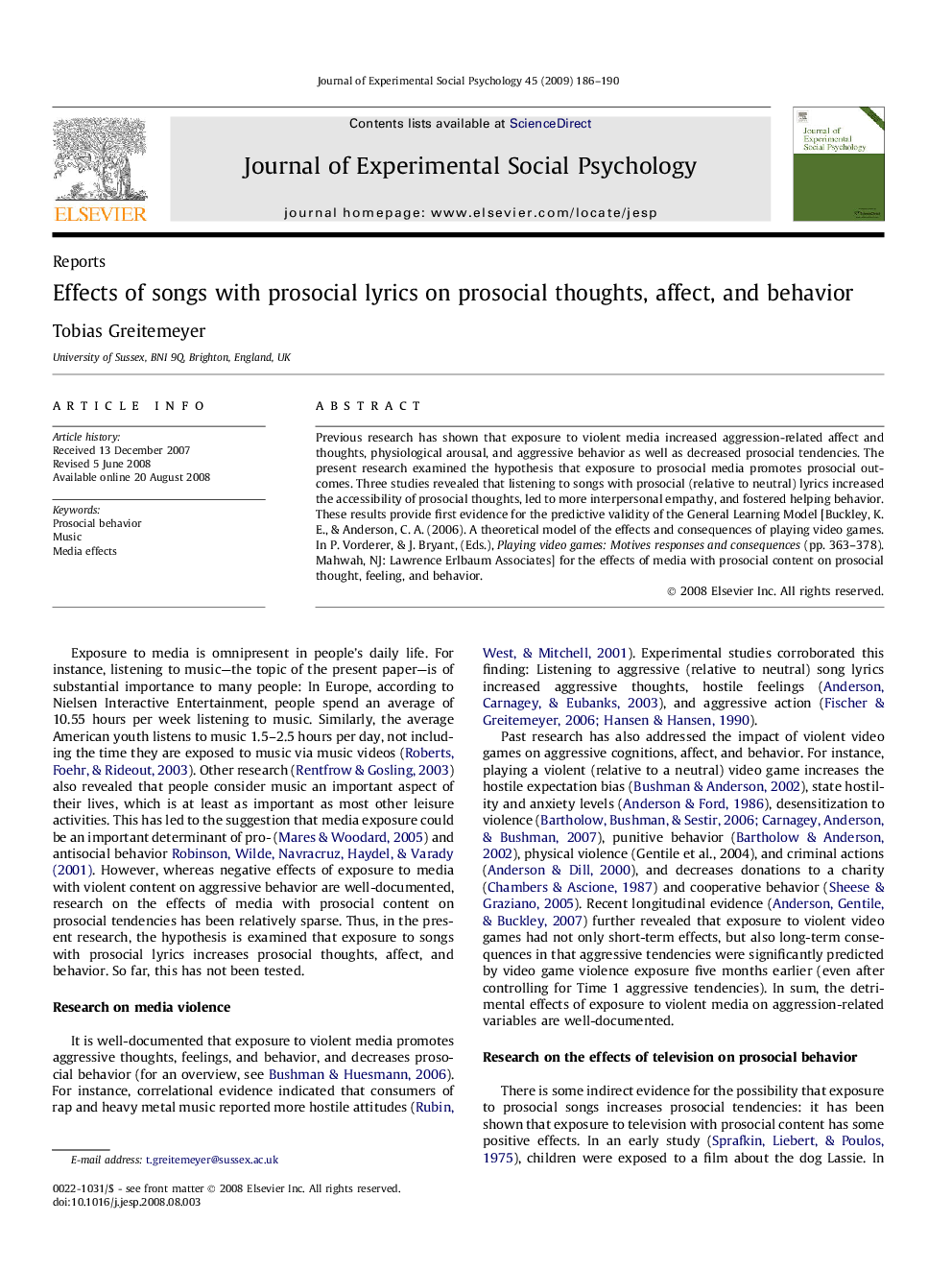 Effects of songs with prosocial lyrics on prosocial thoughts, affect, and behavior