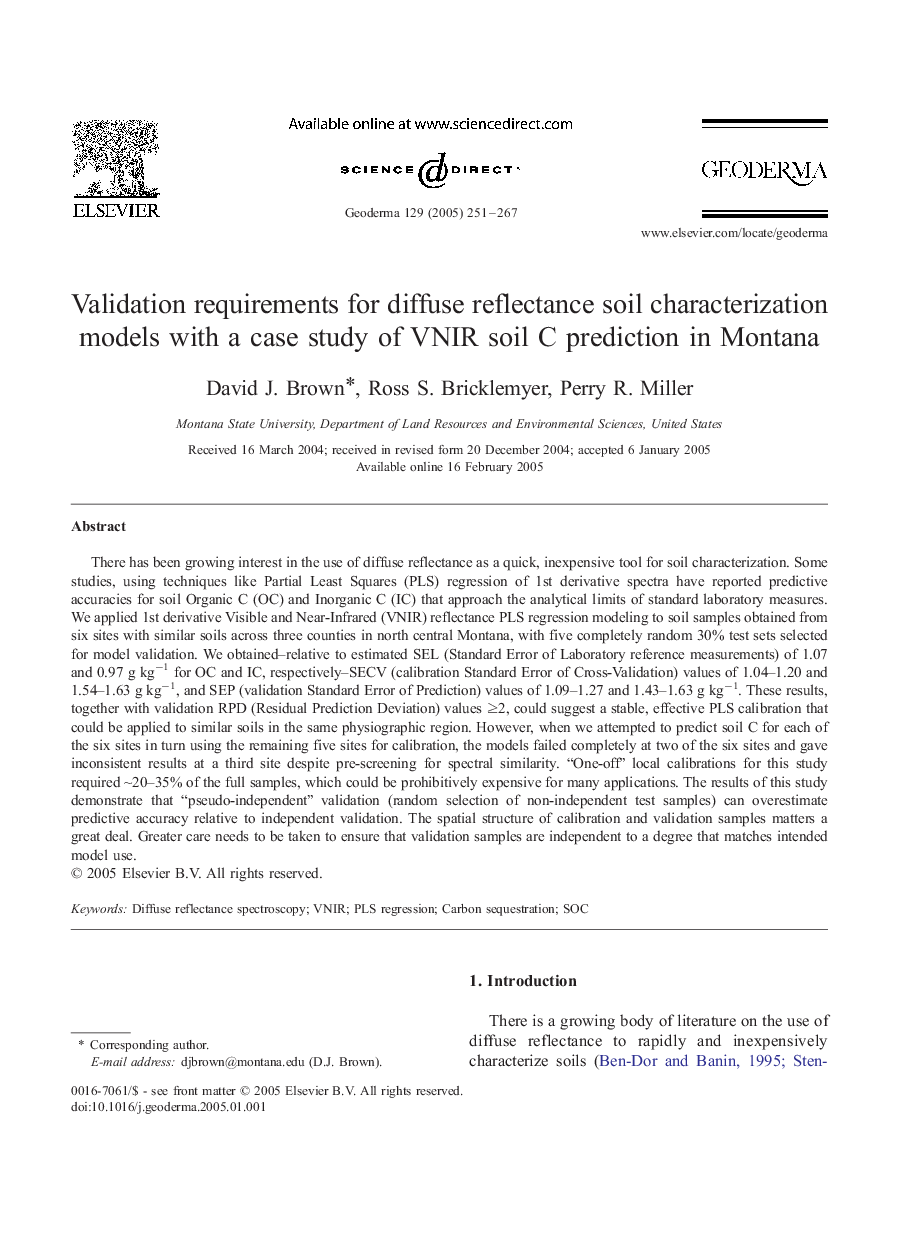 Validation requirements for diffuse reflectance soil characterization models with a case study of VNIR soil C prediction in Montana