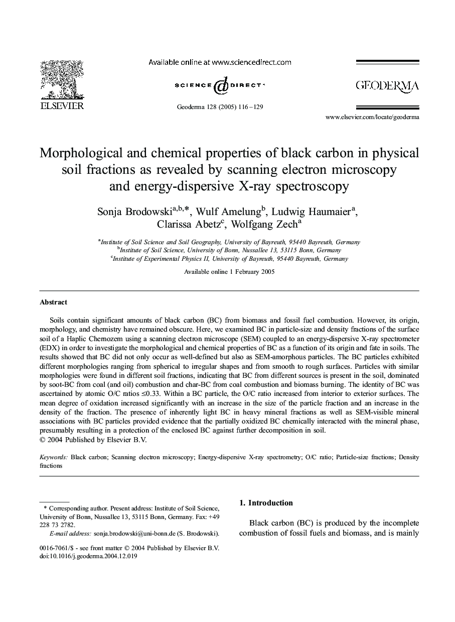 Morphological and chemical properties of black carbon in physical soil fractions as revealed by scanning electron microscopy and energy-dispersive X-ray spectroscopy