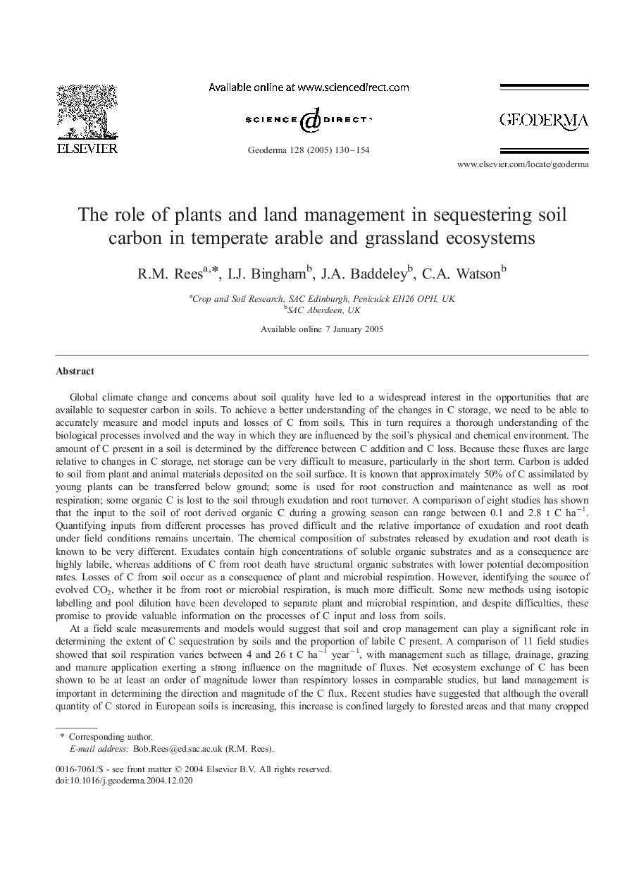 The role of plants and land management in sequestering soil carbon in temperate arable and grassland ecosystems