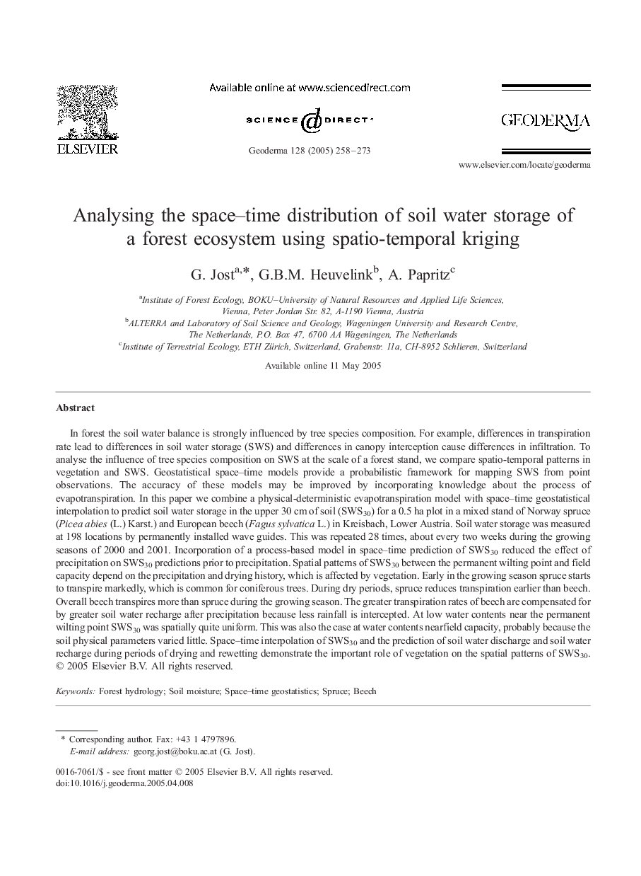 Analysing the space-time distribution of soil water storage of a forest ecosystem using spatio-temporal kriging