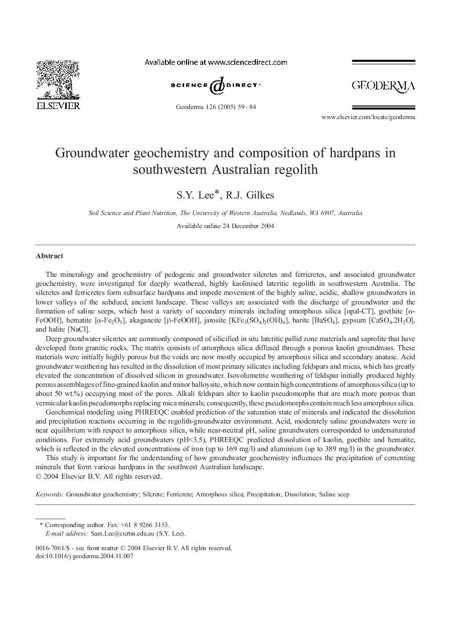 Groundwater geochemistry and composition of hardpans in southwestern Australian regolith