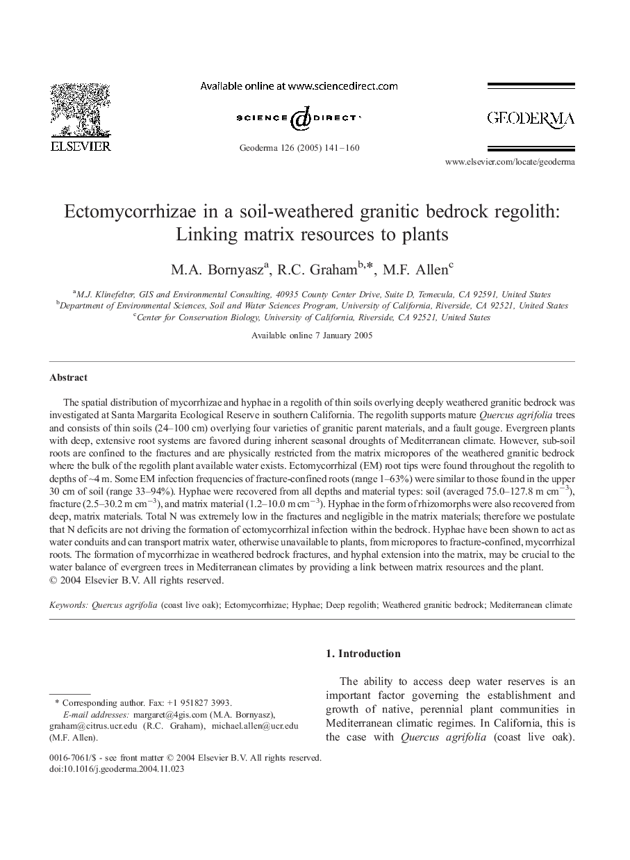 Ectomycorrhizae in a soil-weathered granitic bedrock regolith: linking matrix resources to plants