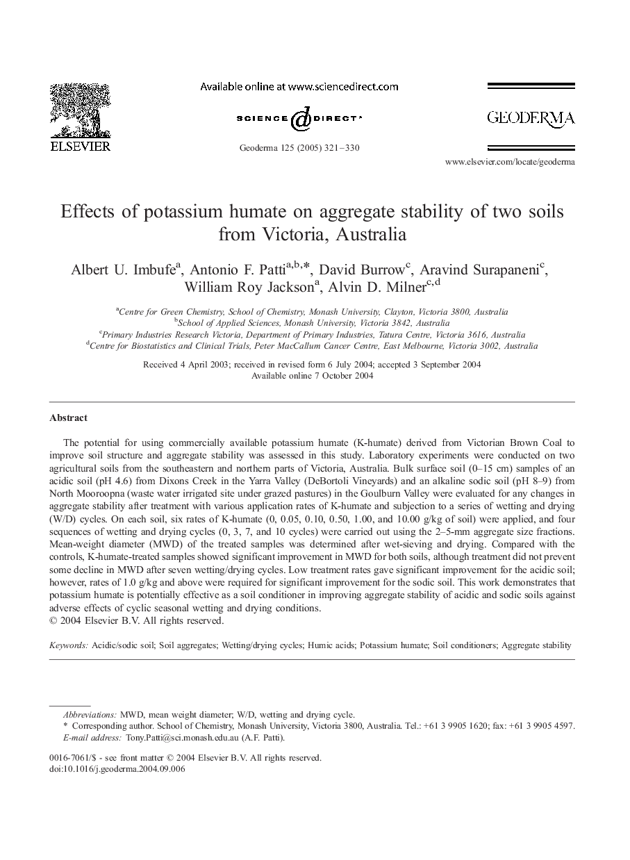 Effects of potassium humate on aggregate stability of two soils from Victoria, Australia