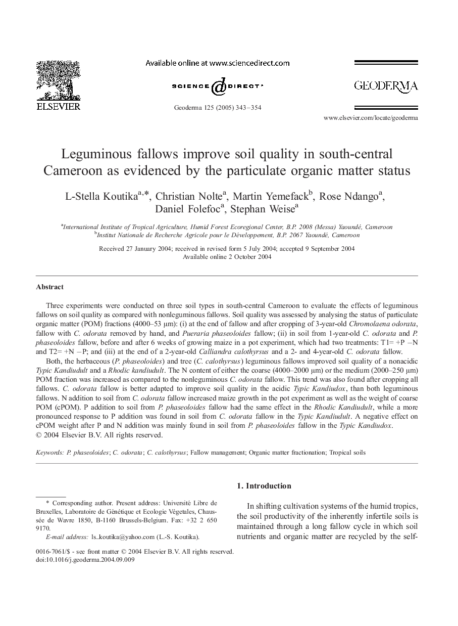 Leguminous fallows improve soil quality in south-central Cameroon as evidenced by the particulate organic matter status