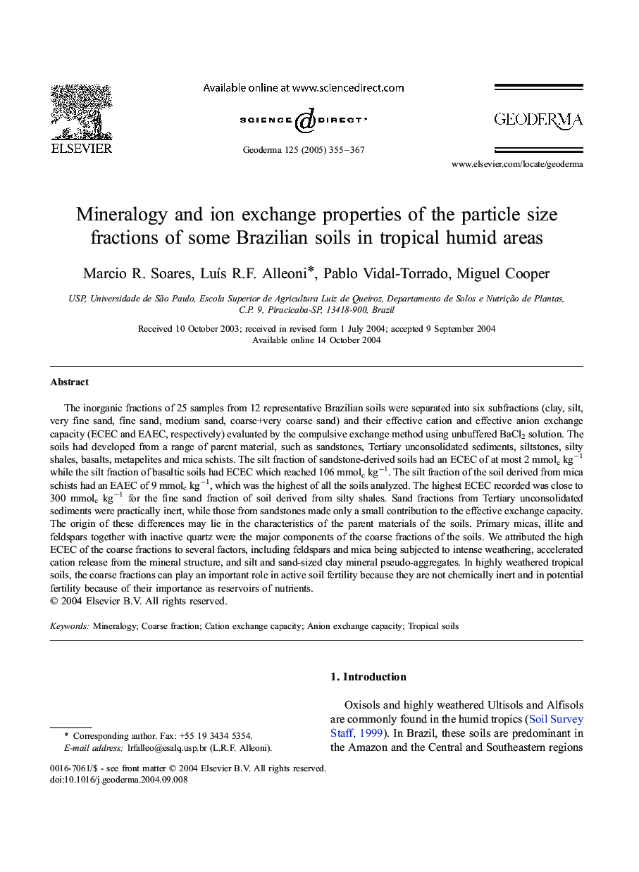 Mineralogy and ion exchange properties of the particle size fractions of some Brazilian soils in tropical humid areas