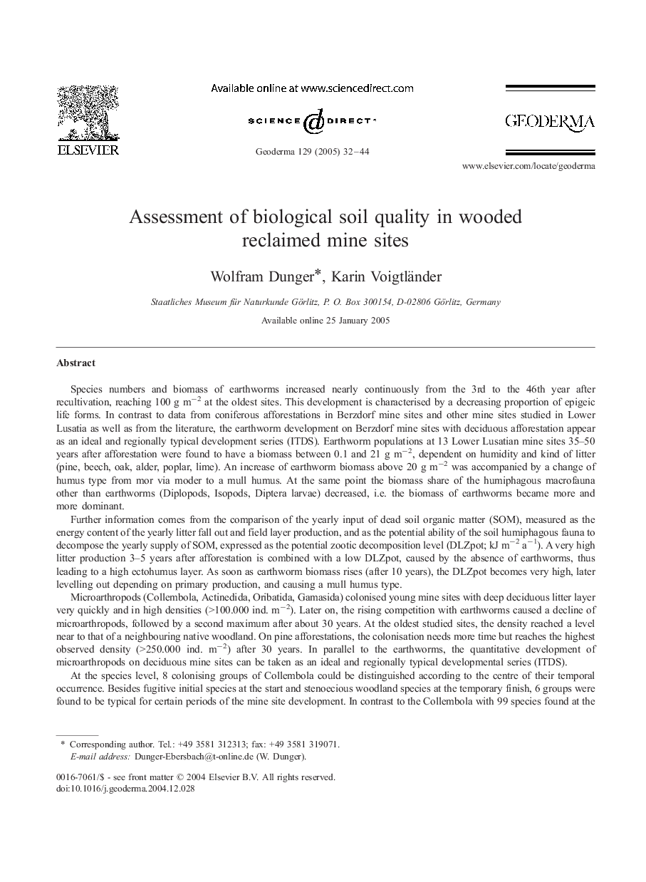 Assessment of biological soil quality in wooded reclaimed mine sites