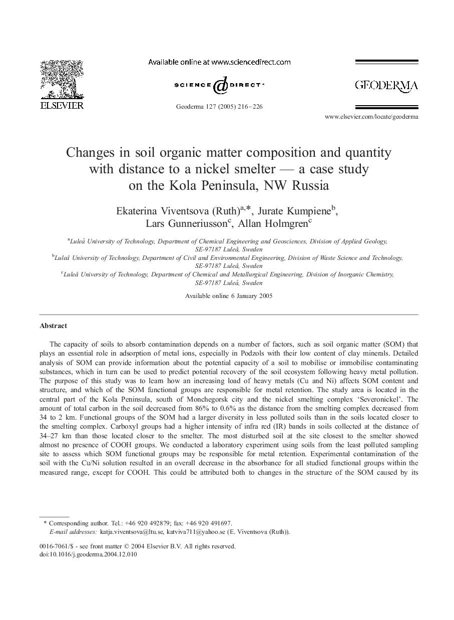 Changes in soil organic matter composition and quantity with distance to a nickel smelter - a case study on the Kola Peninsula, NW Russia