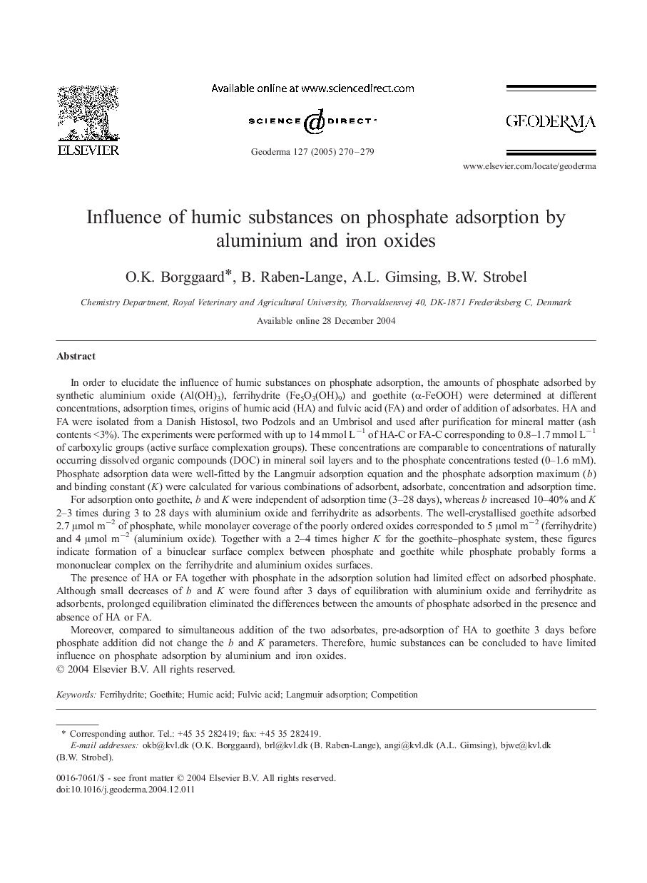 Influence of humic substances on phosphate adsorption by aluminium and iron oxides