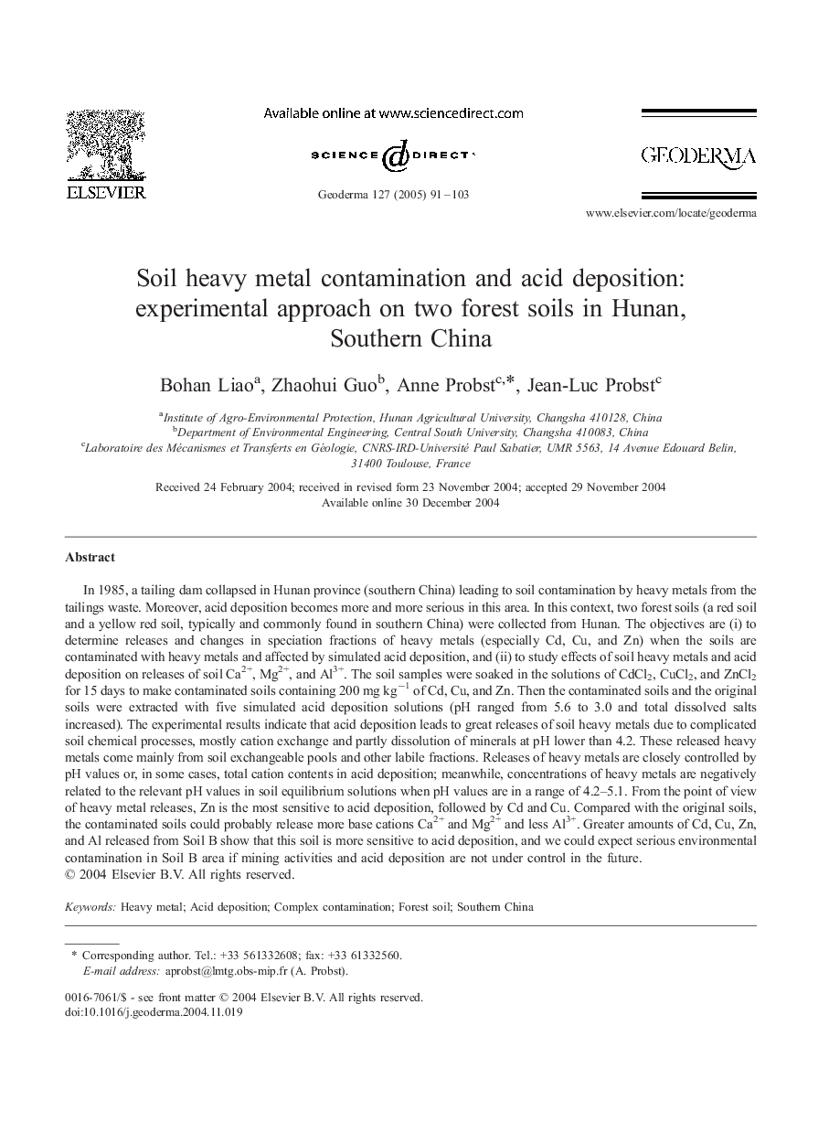 Soil heavy metal contamination and acid deposition: experimental approach on two forest soils in Hunan, Southern China