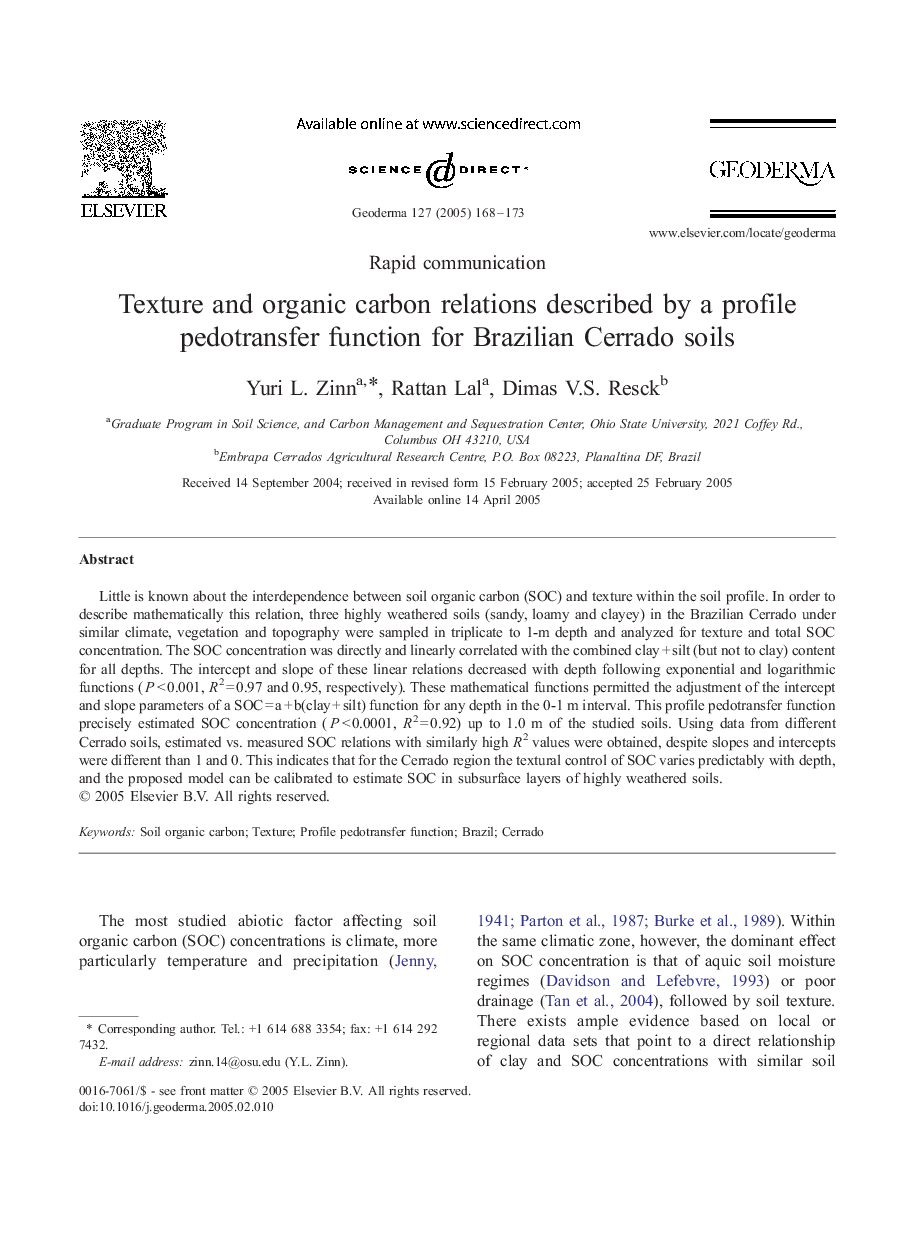 Texture and organic carbon relations described by a profile pedotransfer function for Brazilian Cerrado soils