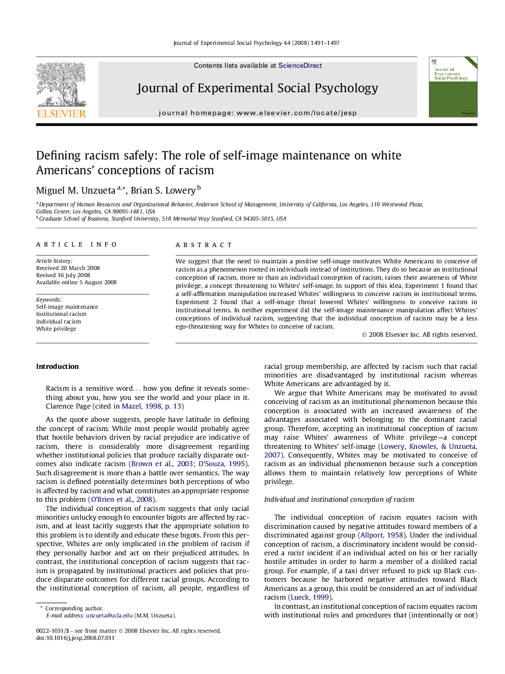 Defining racism safely: The role of self-image maintenance on white Americans’ conceptions of racism