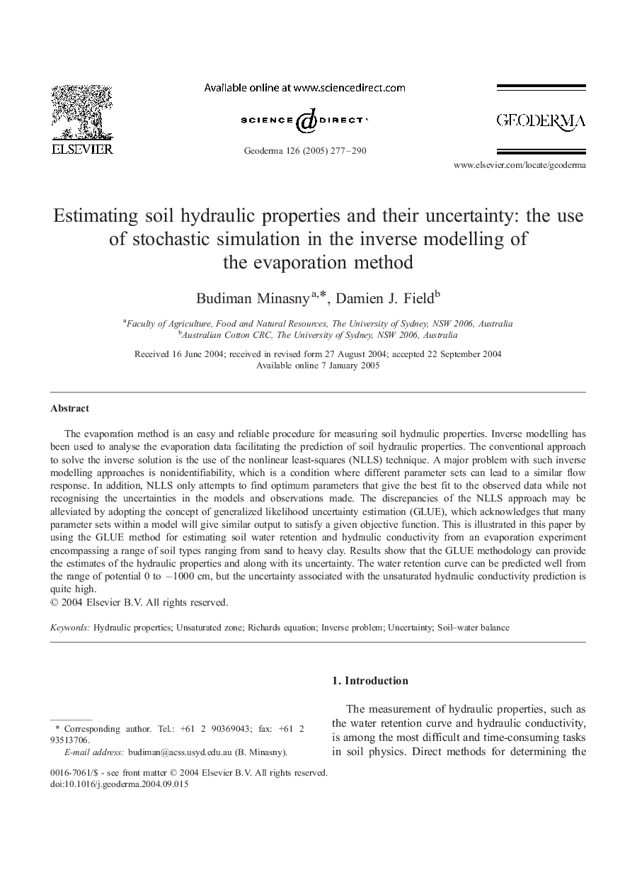 Estimating soil hydraulic properties and their uncertainty: the use of stochastic simulation in the inverse modelling of the evaporation method