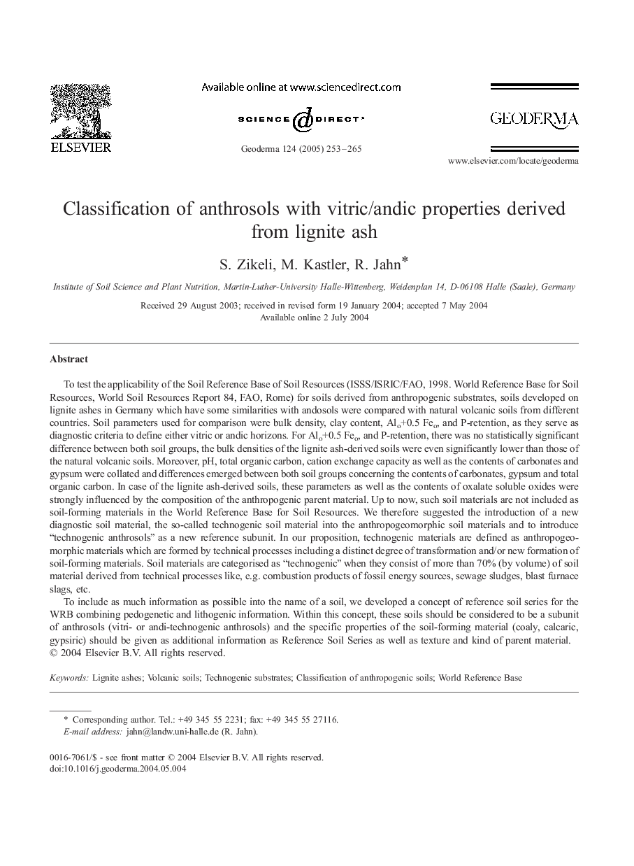 Classification of anthrosols with vitric/andic properties derived from lignite ash