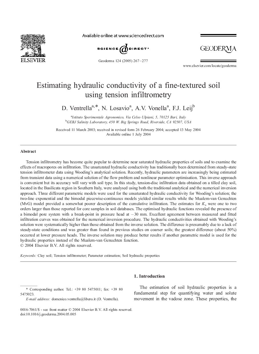 Estimating hydraulic conductivity of a fine-textured soil using tension infiltrometry