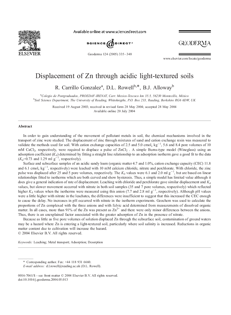 Displacement of Zn through acidic light-textured soils