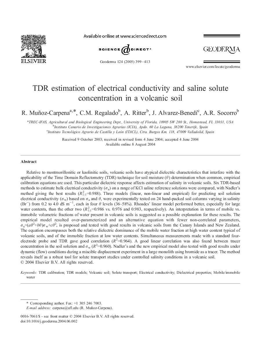 TDR estimation of electrical conductivity and saline solute concentration in a volcanic soil