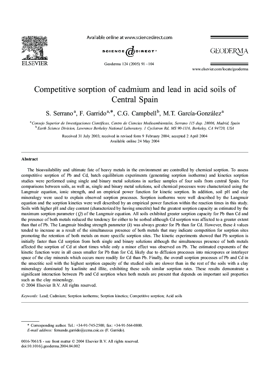 Competitive sorption of cadmium and lead in acid soils of Central Spain