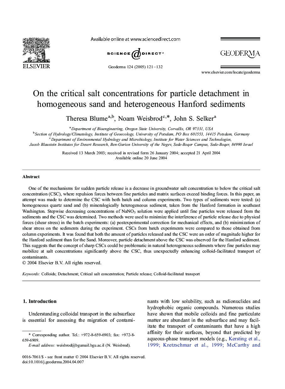On the critical salt concentrations for particle detachment in homogeneous sand and heterogeneous Hanford sediments