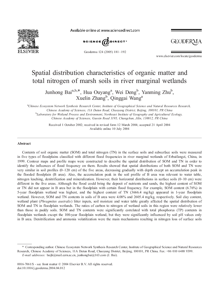 Spatial distribution characteristics of organic matter and total nitrogen of marsh soils in river marginal wetlands