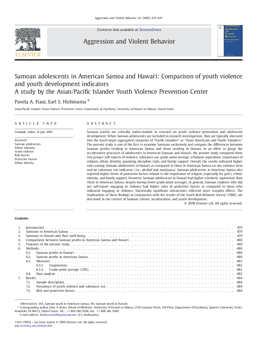 Samoan adolescents in American Samoa and Hawaiʻi: Comparison of youth violence and youth development indicators: A study by the Asian/Pacific Islander Youth Violence Prevention Center