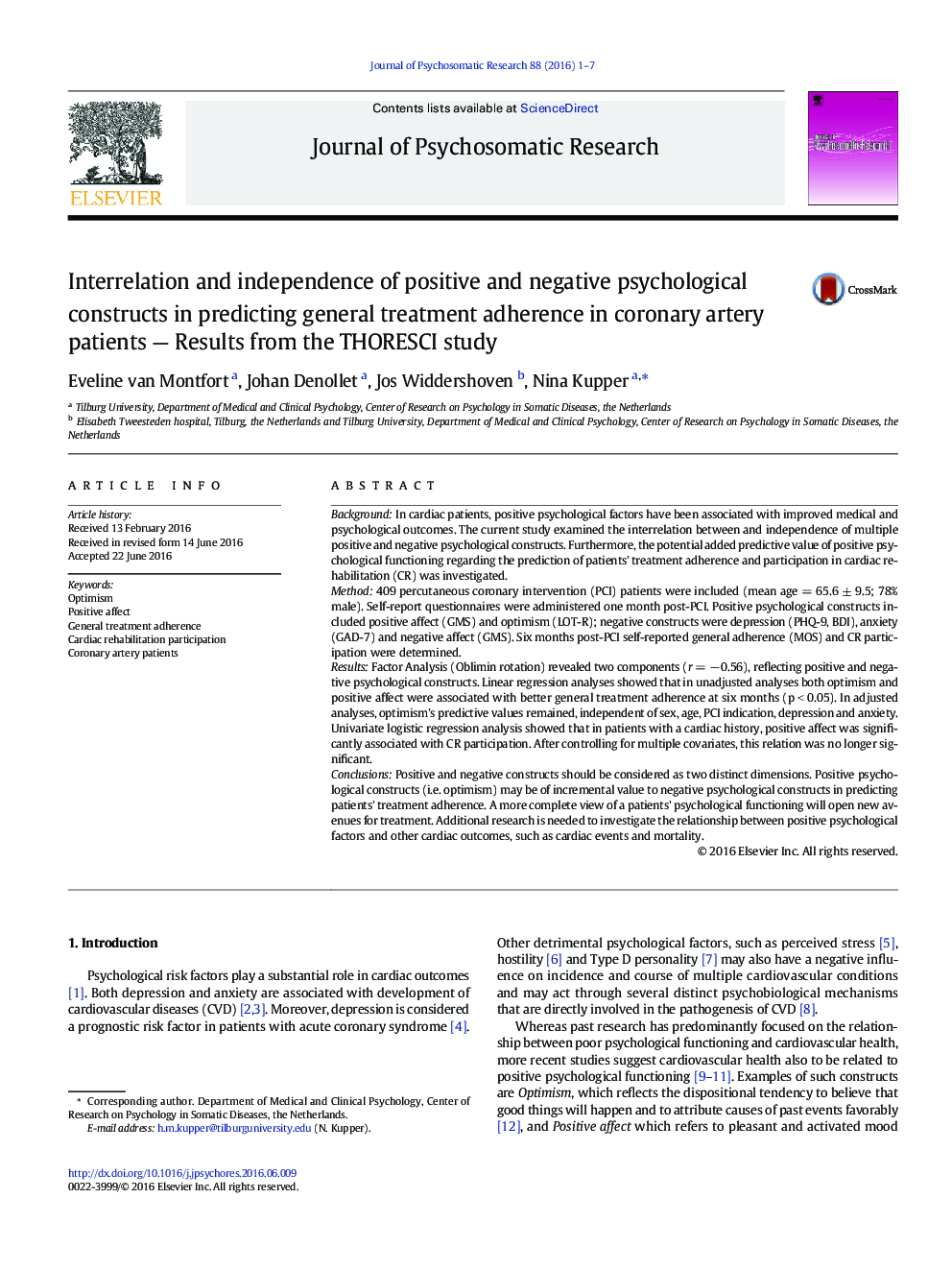 Interrelation and independence of positive and negative psychological constructs in predicting general treatment adherence in coronary artery patients — Results from the THORESCI study