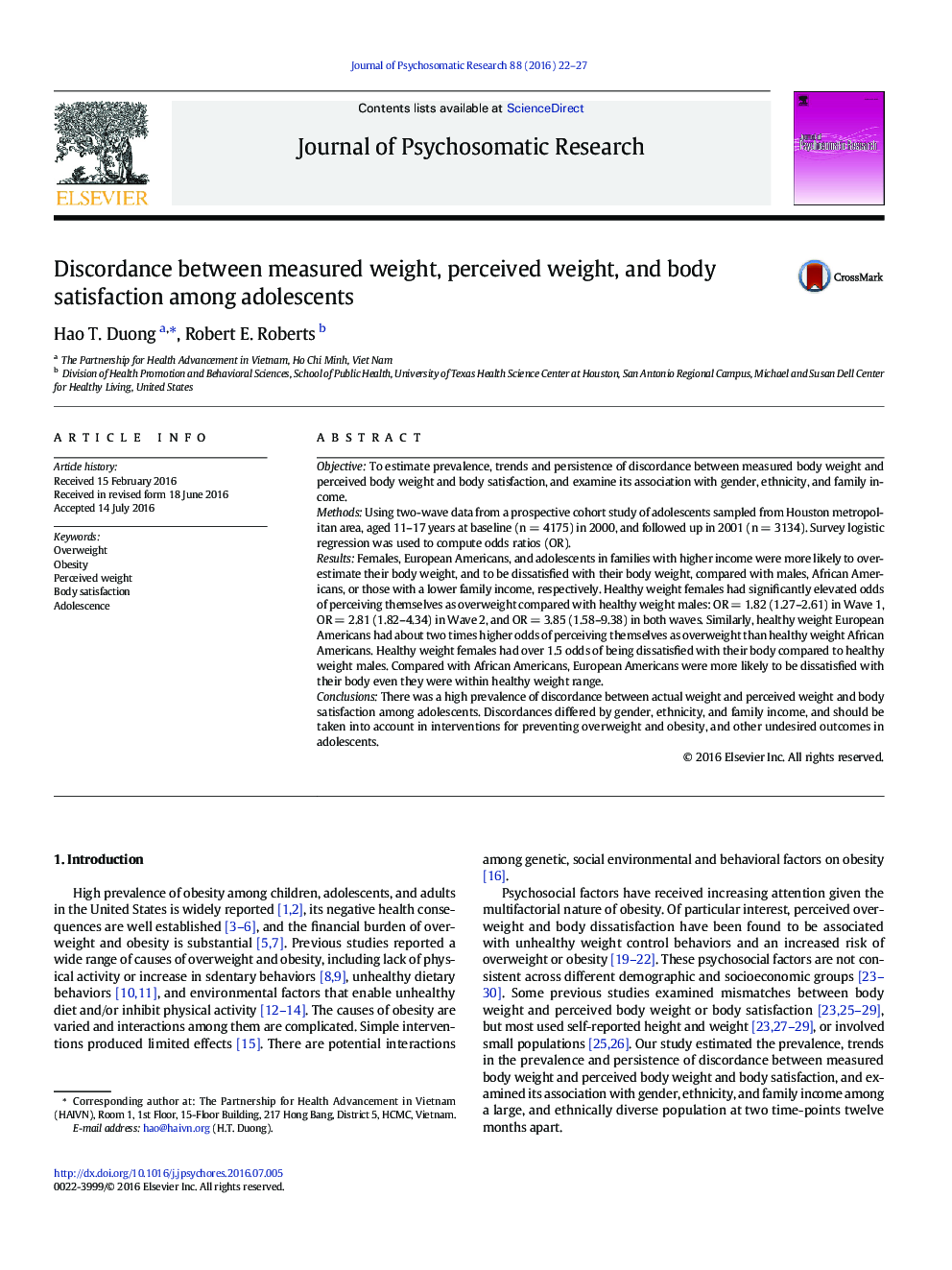 Discordance between measured weight, perceived weight, and body satisfaction among adolescents